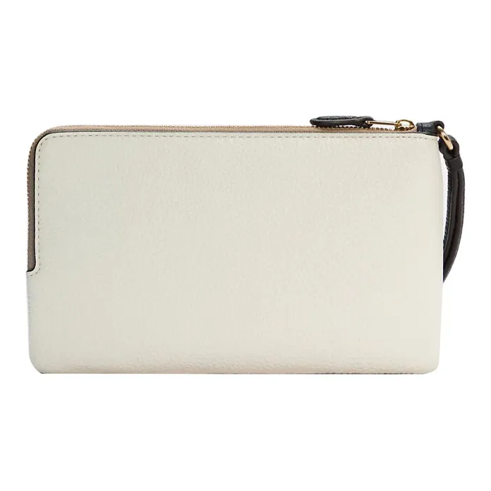 COACH Double Zip Wallet Pebbled Leather Wrist Handheld Wallet Small Size Women's Milk Tea Beige With White Accents-1