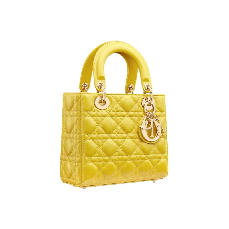 DIOR Lady Dior Sheepskin One Shoulder Handbags Small Size Women's Mustard Yellow-1