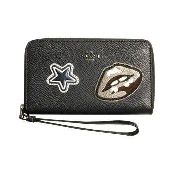 COACH Phone Cross-Stitch Leather Coin Pocket Handbag Wallet With Cell Phone Pouch Women's Midnight Black