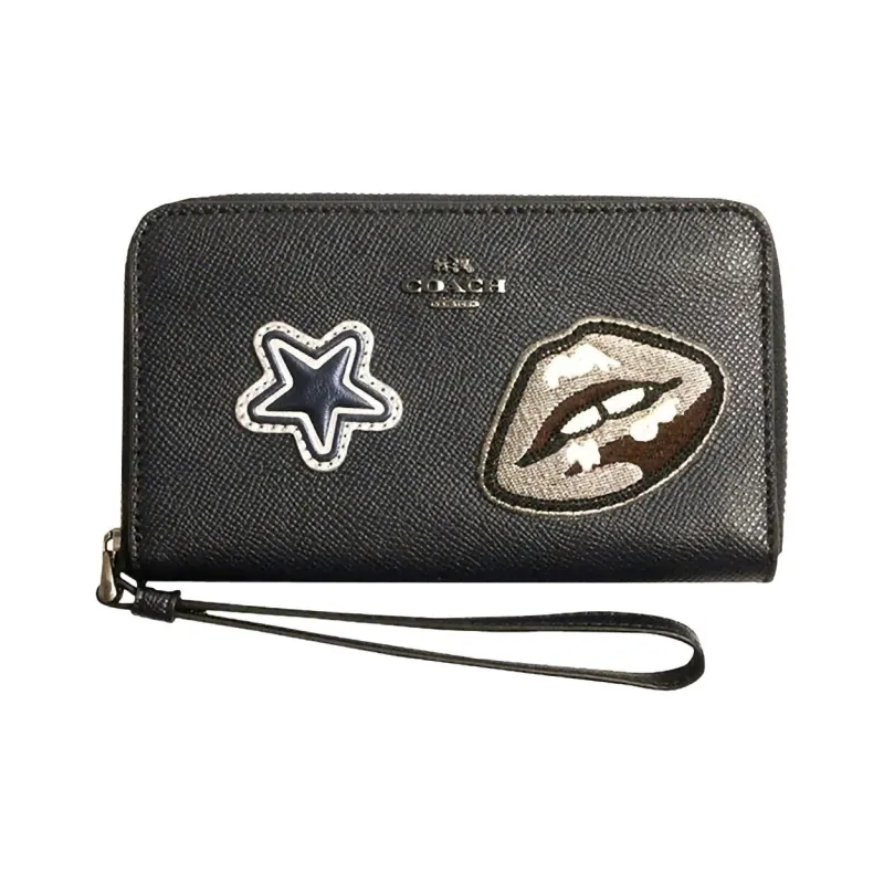 COACH Cross Grain Leather Coin Pocket, Handbag, Wallet, Cell Phone Pouch Women's Midnight Black-0