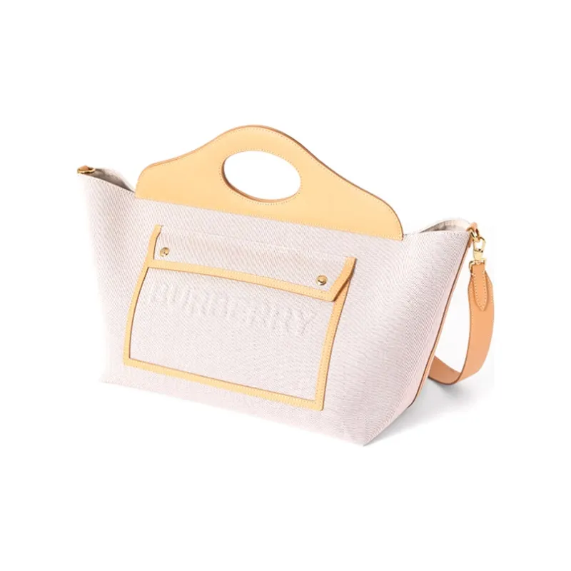 Burberry Canvas With Leather Tote Bag Shopping Bag Pocket Handbag Medium Size Women's Soft Yellow Brown/Warm Sand-1