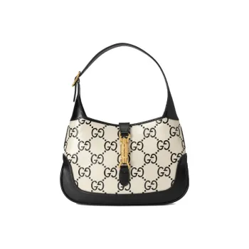 GUCCI Jackie 1961 Canvas With Leather Trim Crescent Shoulder Bag Shoulder Bag Small Size Women's White Black Multicolor