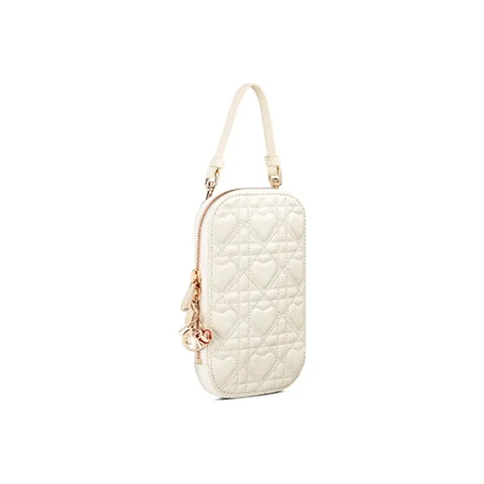 DIOR Lady Dior Sheepskin One Shoulder Crossbody Cell Phone Pouch Women's White-1