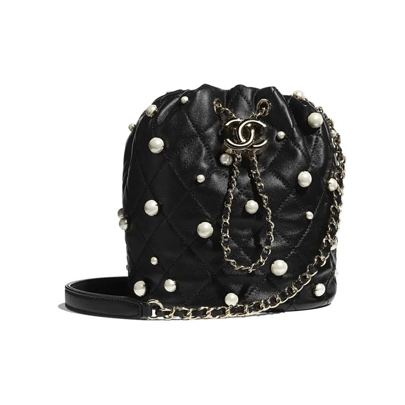 CHANEL Drawstring Pearl Sheepskin Bucket Bag, Shoulder Bag, Crossbody Bag Trumpets Women's Black-0