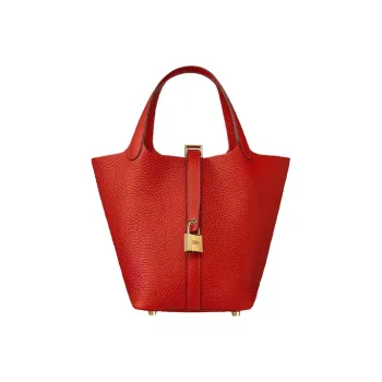 HERMES Picotin Clemence Bullock Leather Basket Bag Handbag Bucket Bag Women's S5 Rouge Tomate Tomato Red