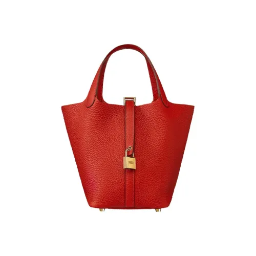 HERMES Picotin Clemence Bullock Leather Basket Bag Handbag Bucket Bag Women's S5 Rouge Tomate Tomato Red