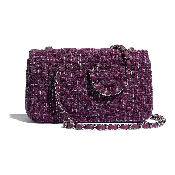 CHANEL Twill Soft Nappa & Metal Flap Bag Crossbody Bag, Shoulder Bag Mini Women's Purple & Silver-1