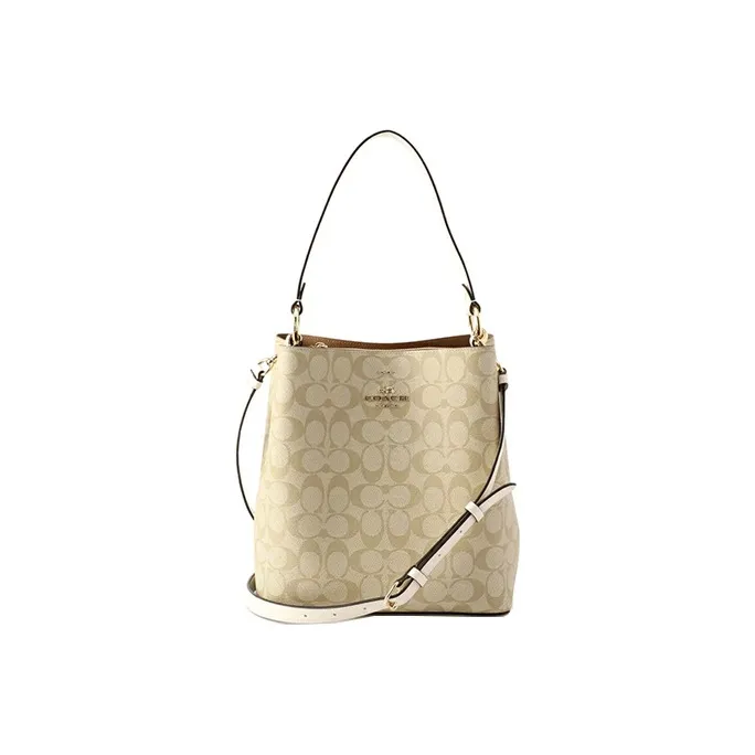 COACH Town Canvas With Leather Bucket Bag, Handbag, Shoulder Bag, Crossbody Bag Medium Size Women's Khaki White-0