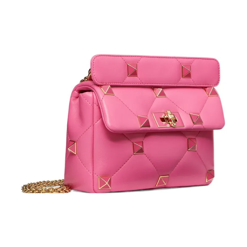Valentino Roman Stud Soft Sheep Leather Handbag Shoulder Bag Crossbody Bag Medium Size Women's Pink-2
