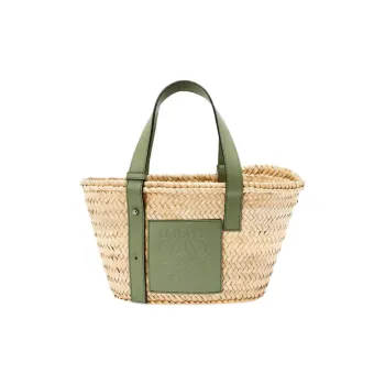 LOEWE Basket Palm Fiber Cow Leather Basket Bag Tote Bag Shopping Bag Handbag Medium Size Women's Green