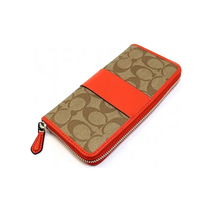 COACH Accordion Zip Canvas With Leather Clutches Wallets Women's Orange Stacked Brown Monogram-2