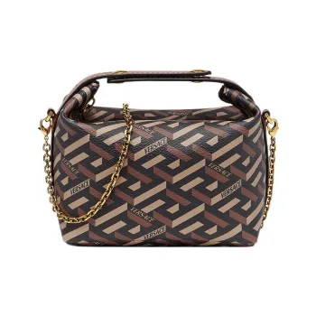 VERSACE La Greca Coated Canvas Handbag Mini Women's Black+Caramel