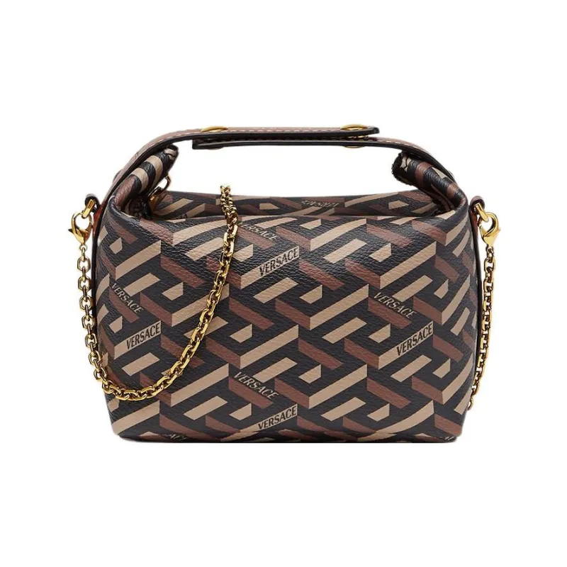 VERSACE La Greca Coated Canvas Handbag Mini Women's Black+Caramel-0