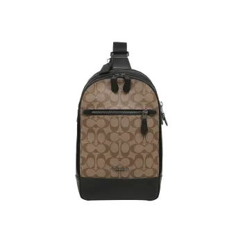 COACH Graham Coated Canvas With Delicate Calfskin Fanny Pack Sling Bags Large Size Men's Dark Khaki With Black Accents