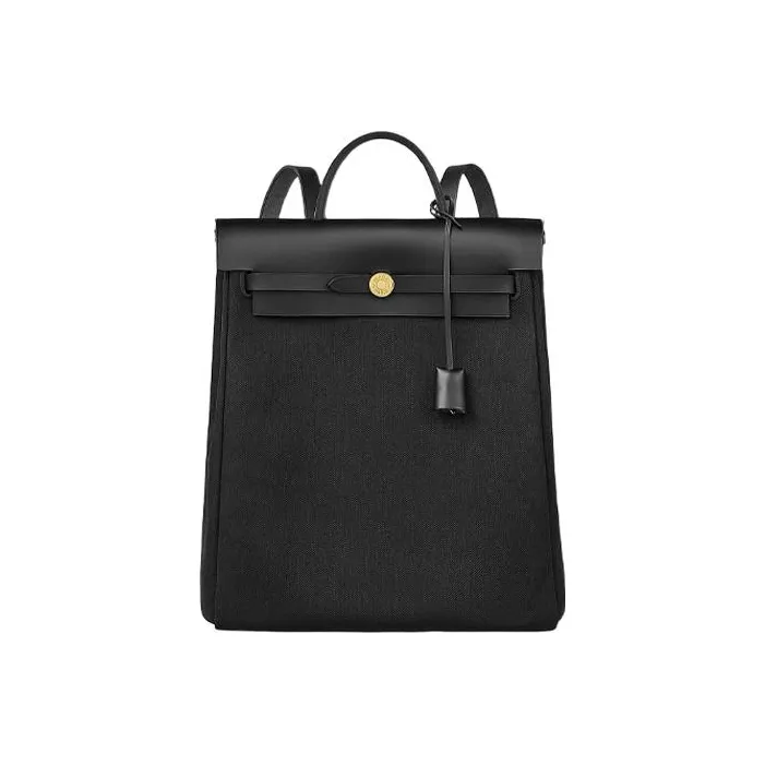 HERMES Herbag Zip Canvas With Leather Handbag Backpack Unisex Black Gray-0
