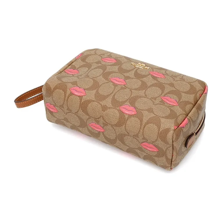 COACH Boxy Artificial Leather PVC Makeup Bag Small Size Women's Khaki Red Lip Print-4