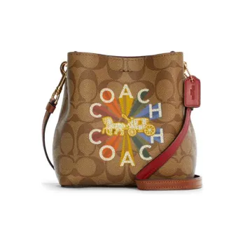 COACH Town Ebony Leather Bucket Bag Crossbody Bag Women's Khaki Color Blocking