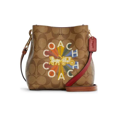 COACH Town Ebony Leather Bucket Bag Crossbody Bag Women's Khaki Color Blocking