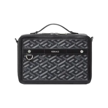 VERSACE Coated Canvas With Leather Messenger Bag Shoulder Bag Crossbody Bag Regular Unisex Black Gray Color