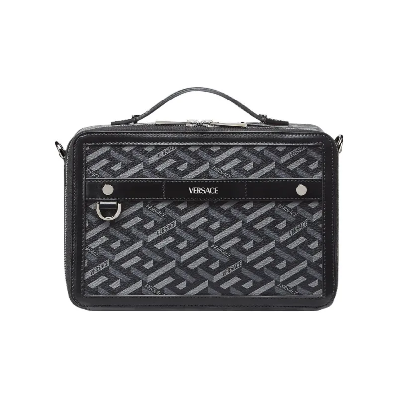 VERSACE Coated Canvas With Leather Messenger Bag Shoulder Bag Crossbody Bag Regular Unisex Black Gray Color-0
