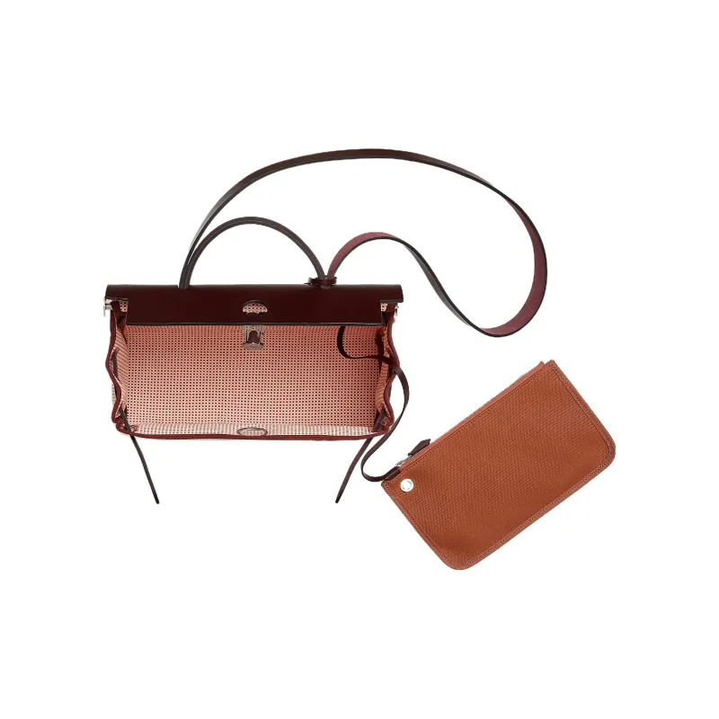 HERMES Herbag Zip Cow Leather Shoulder Bag Crossbody Bag Women's Beige/Brick Red/Pink-3