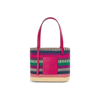 LOEWE Square Basket Palm Patchwork Cow Leather Handbag Shoulder Bag Women's Rose Red