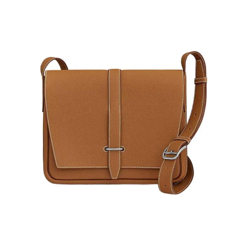 HERMES Steve Light Junior Togo Calfskin Messenger Bag, Crossbody Bag Regular Unisex Gold Brown-0