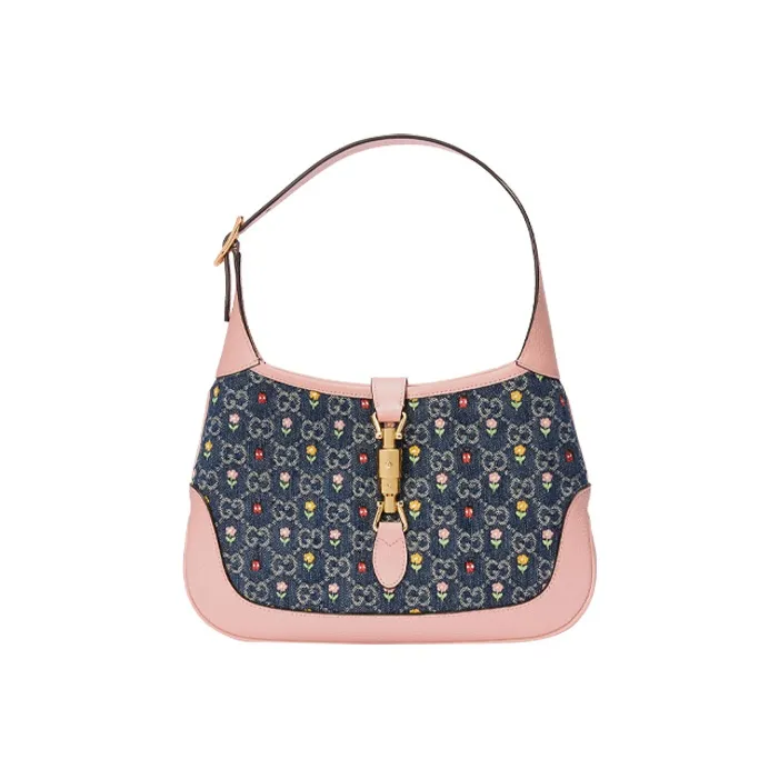 GUCCI Jackie 1961 Canvas With Leather Trim Crescent Shoulder Bag Shoulder Bag Trumpets Women's Pink Blue Multicolor-1