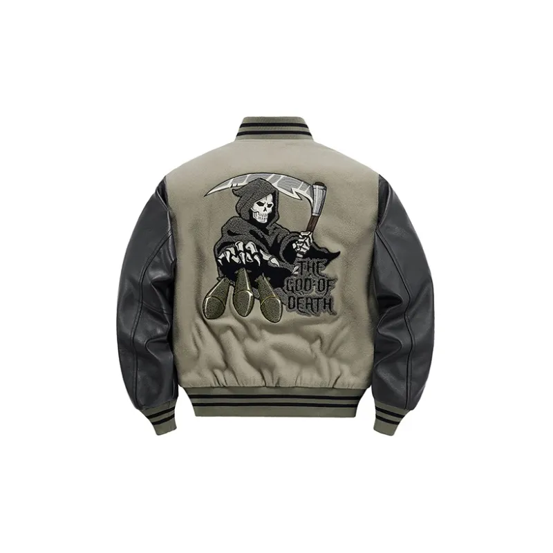 VIP Patchwork Leather Sleeves Wool Baseball Jacket Fleece Lined Puffer Jacket Unisex Black Gray Color-1