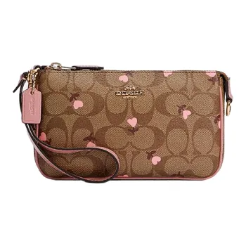 COACH Canvas With Leather Mahjong Handheld Shoulder Bag Clutch Small Size Women's Cherry Blossom Pink & Brown Monogram