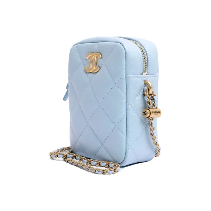 CHANEL 21K Winter Cow Leather Shoulder Bag Cell Phone Pouch Box Bag Crossbody Bag Regular Women's Light Blue-2