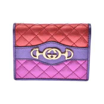 GUCCI Zumi Multicolor Diamond Pattern Leather Double-Fold Flap Card Holder Wallet Regular Women's Red/Pink/Purple