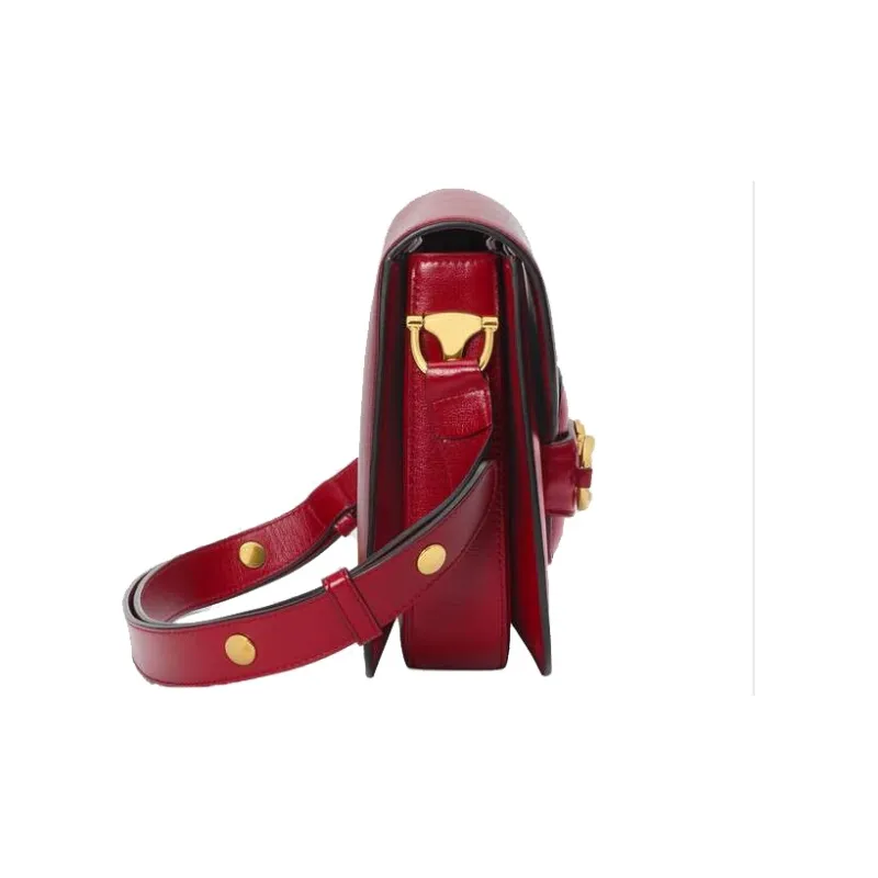 GUCCI Horsebit 1955 Leather Saddle Bag, Shoulder Bag, Crossbody Bag Trumpets Women's Red-2