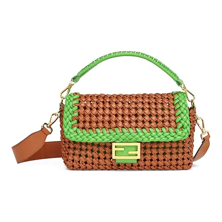 FENDI Baguette Sheepskin One Shoulder Crossbody Baguette Bag Handbag Medium Size Women's Brown & Green-0