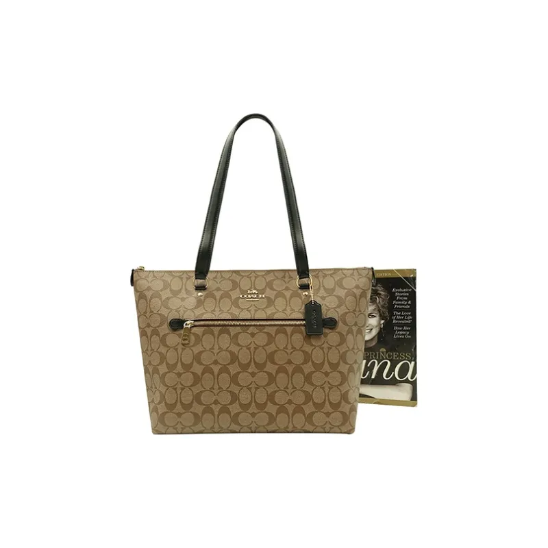 COACH Gallery PVC Tote Bag Shopping Bag Shoulder Bags Large Size Women's Khaki Monogram & Black Shoulder Strap-4