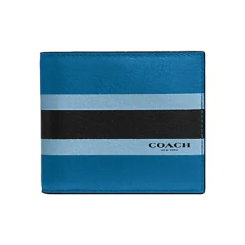 COACH Compact Cow Leather Bifold Money Bag With Strap, Card Holder With Pull Tab Men's Denim Blue