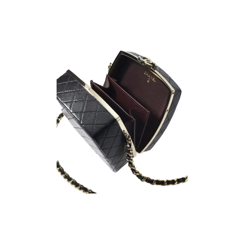 CHANEL Sheepskin Makeup Box Powder Bag, Handheld Shoulder Bag, Crossbody Bag Women's Black-1