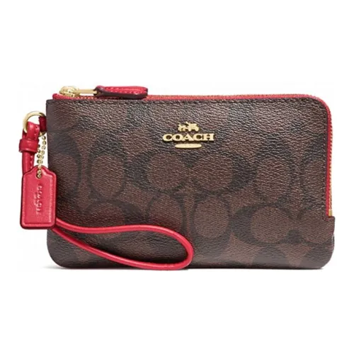 COACH Corner Zip Artificial Leather Clutch Women's Brown Red