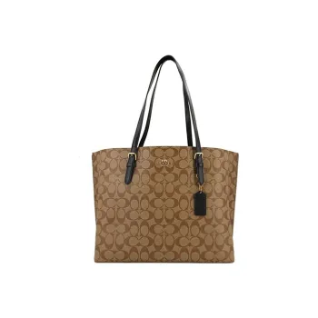 COACH Mollie Canvas With Leather Tote Bag, Shopping Bag, Handbag, Shoulder Bag Tubas Women's Khaki & Black