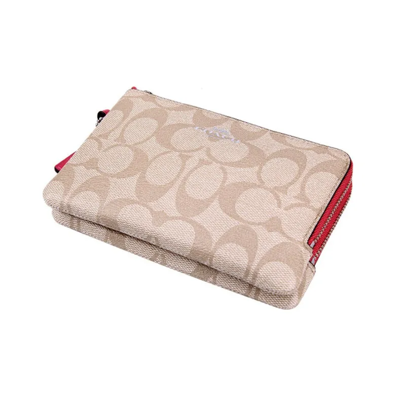 COACH Corner Zip Canvas With Leather Clutch Wrist Bag Coin Purse Pochette Women's Pink & Khaki Monogram-3