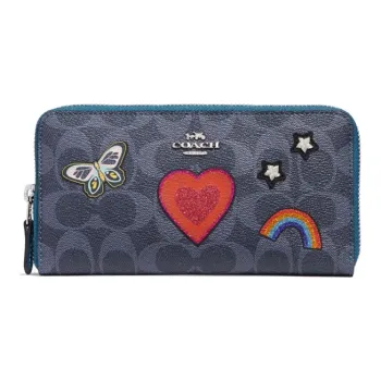 COACH Accordion Zip Monogram Canvas With Leather Card Holders Clutches Wallets Unisex Midnight Blue Monogram