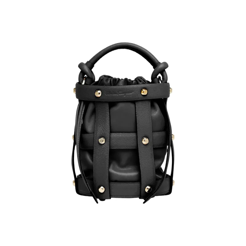 FERRAGAMO CAGE Cow Leather Bucket Bag, Crossbody, One Shoulder Handbag Regular Women's Black-0