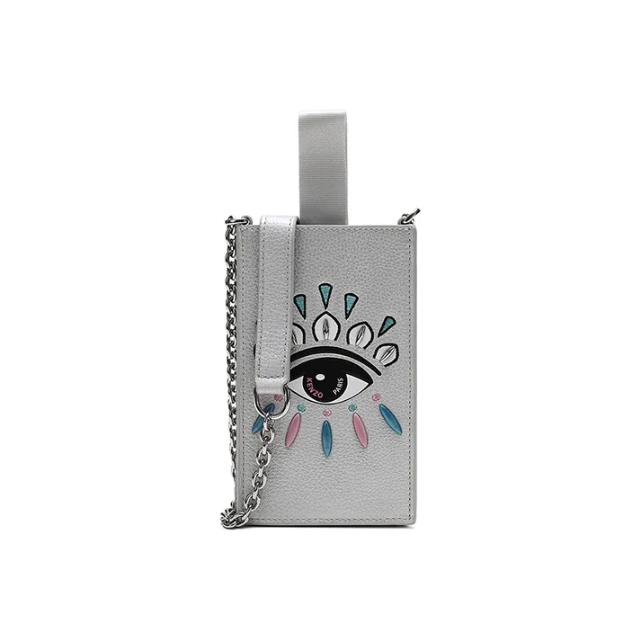 KENZO Cow Leather Chain Cell Phone Pouch Shoulder Bag Crossbody Bag Women's Silver-0