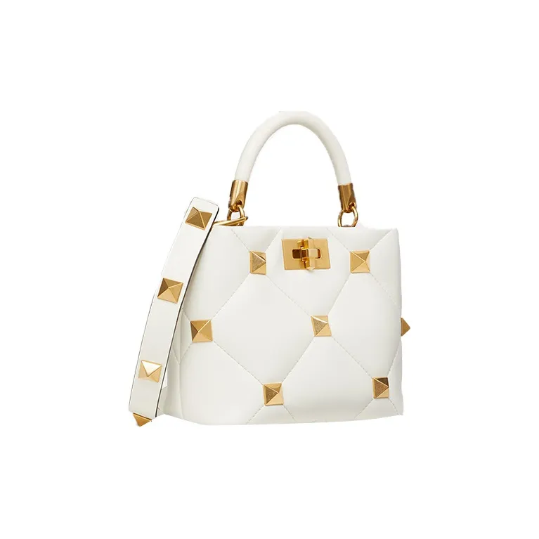 Valentino ROMAN STUD Soft Nappa Leather Quilting Shoulder Bag, Crossbody Bag, Handbag Trumpets Women's Ivory White-1