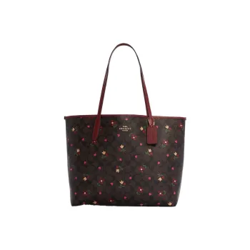 COACH City Canvas With Leather Tote Bag Shopping Bag Shoulder Bags Women's Brown & Burgundy