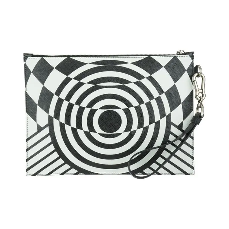 VERSACE Cow Leather Coin Purse Clutch Men's Black White-2