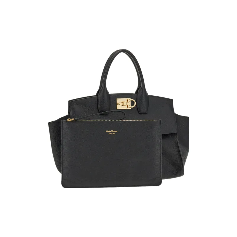 FERRAGAMO Studio Series Stamped Calfskin Handbag Shoulder Bag Women's Black-5