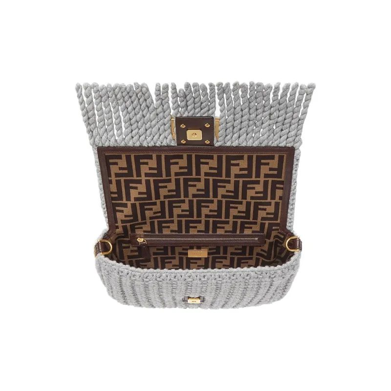 FENDI Baguette Wool With Leather Handbag Medium Size Women's Gray-3