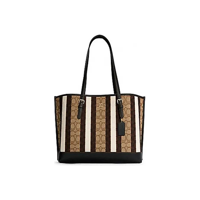 COACH Mollie Jacquard With Leather Tote Bag, Shopping Bag, Handbag, Shoulder Bag Women's Khaki Brown Mixed Color-0