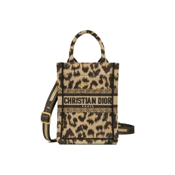DIOR BookTote Pattern Embroidery Shoulder Bag, Crossbody Bag, Handbag Mini Women's Beige/Leopard Print